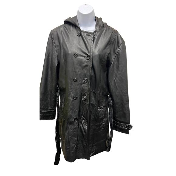 Giorgio Sant'Angelo Jackets & Blazers - Vintage 90s Giorgio Sant'Angelo Black Hooded Belted Y2K Leather Trench Coat M